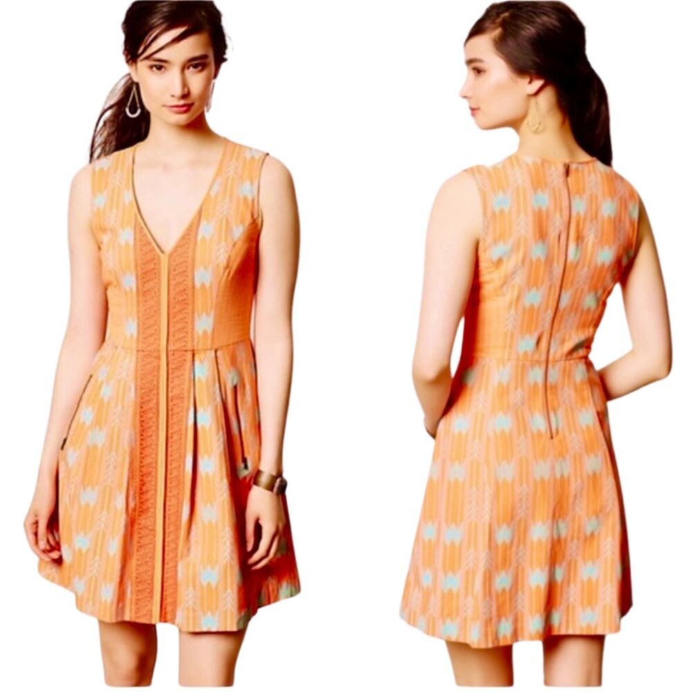 Anthropologie Tracy Reese Dress Sunfield Embroidered Geometric Mini Orange 4 4P